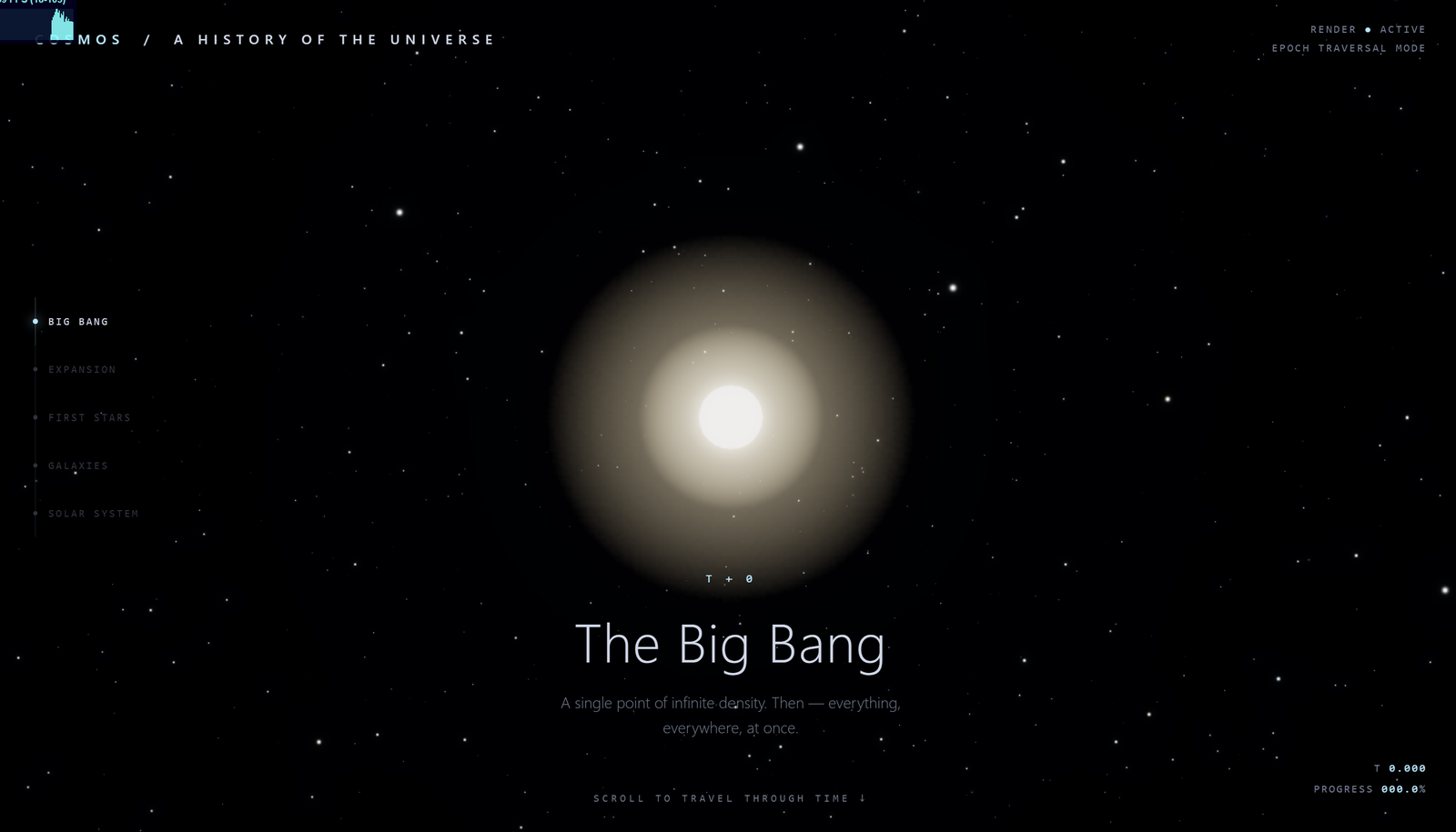 The Big Bang, the opening of the scroll-driven timeline